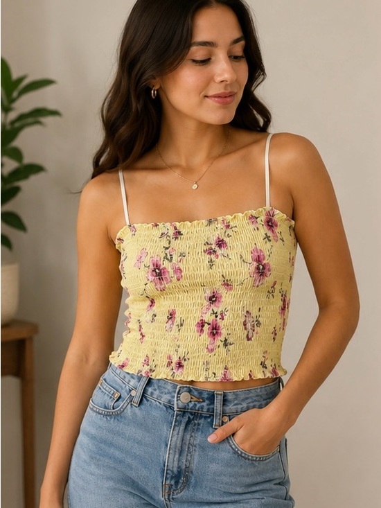 Ardene Tops - Ardene Society Smocked Floral Cami Tank Top Yellow Pink Y2K Women’s Small